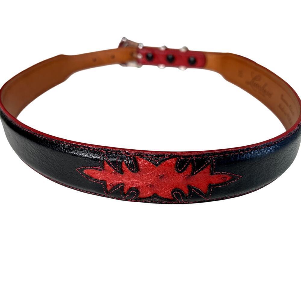 Lucchese Ostrich Leather Belt Black Red Inlay Tapered Silver Buckle Women's 30